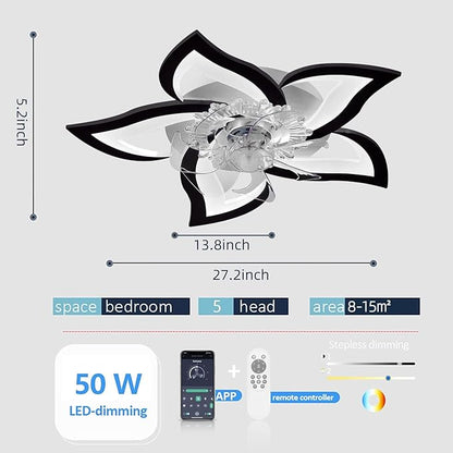Bevenus Low Profile Ceiling Fans with Lights,27.2” Black Modern Dimmable Flower Shape Ceiling Light Fan with Remote Control/app Control,Timing 6 Gear Speeds Fan Ceiling Lamp.