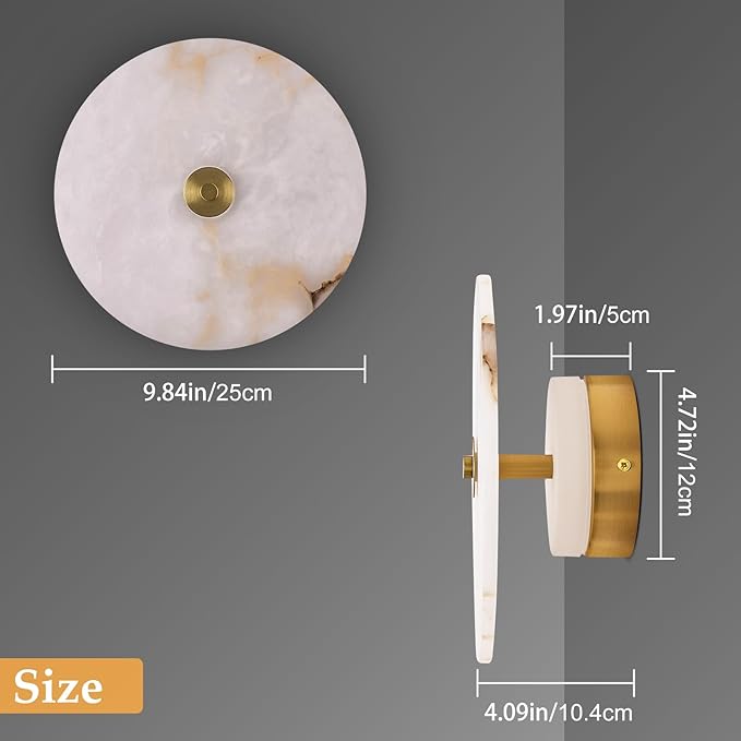 9.84 Inch Round Natural Alabaster Wall Sconce Marble Stone Light Decor for Wall, Dimmable 3CCT Hardwired Circular Sconce LED Modern Wall Lamp for Bedroom, Living Room, Bedside, Hallway (Gold)