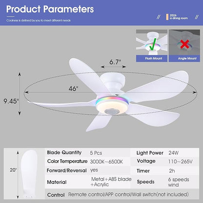 Kviflon 46" Ceiling Fans with RGB Lights Remote/APP Control, Flush Mount, 3 CCT Dimmable White Lights+RGB Ring Lights+Music Player, 5 Reversible Plastic Blades 6 Speeds for Party Bar, White