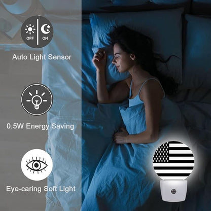 American Flag Black White Night Light Plug Into Wall Auto Led Sleep Round Lamp for Living Room Hallway Stairs