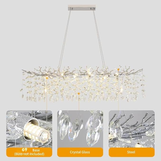 Modern Crystal Tree Branches Chandelier, 47.5in Silver 14 Lights Large Ceiling Hanging Light for Dining Room, Rectangle Raindrop Pendant Light Fixture