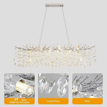 Modern Crystal Tree Branches Chandelier, 47.5in Silver 14 Lights Large Ceiling Hanging Light for Dining Room, Rectangle Raindrop Pendant Light Fixture