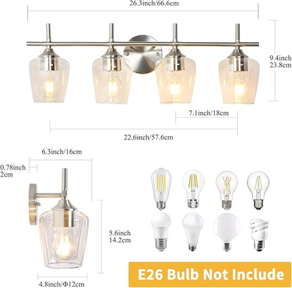 Bathroom Light Fixtures 4-Light Brushed Nickel Bathroom Vanity Light with Clear Glass Shade, Modern Wall Lights for Bedroom Hallway Living Room (Nickel, 4-Light)