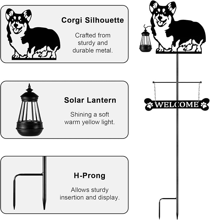 ANGELLOONG 51" Solar Corgi Silhouette Dog Welcome Sign with Lantern, Outdoor Decorative Corgi Gifts for Garden Yard Lawn Patio Pathway