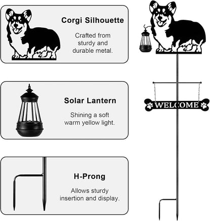 ANGELLOONG 51" Solar Corgi Silhouette Dog Welcome Sign with Lantern, Outdoor Decorative Corgi Gifts for Garden Yard Lawn Patio Pathway