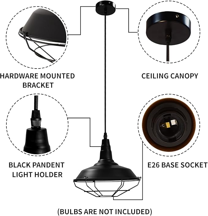 Black Pendant Light 10.5 inches 3 Packs, Farmhouse Pendant Light, Industrial Pendant Lighting, Kitchen Pendant Lights, Pendant Lights Kitchen Island for Dinning Room Entryway Barn