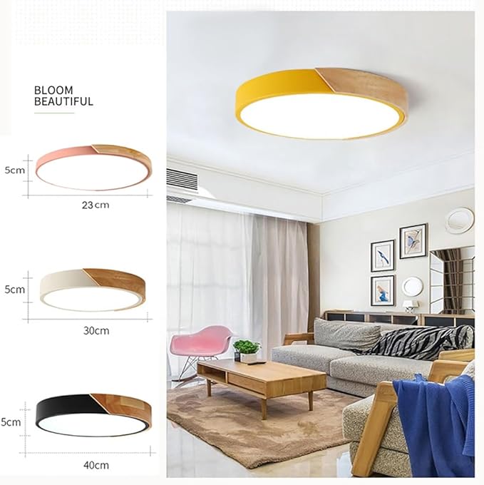 LED Ceiling Light Fixture,20 Inch Modern Wood Recessed Ceiling Lights,3000K-6000K Dimmable Light,Black 36W Close to Ceiling Lighting Flush Mount Living Room Bedroom Ceiling Lamp