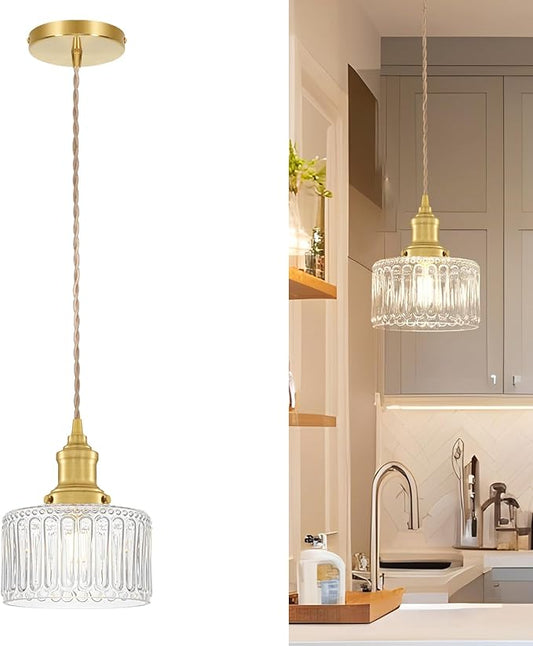 Vintage Pendant Lights for Kitchen with Clear Striped Glass Shade, 6.9 In Brushed Gold Pendant Lights Kitchen Island, Small Kitchen Island Lighting Adjustable Hanging Light for Entrance Hallway
