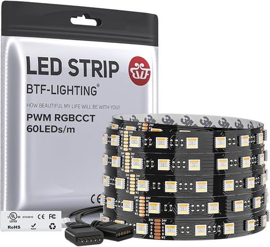 BTF-LIGHTING RGBCCT 5 Colors in 1 LED 5050SMD RGBWW RGB+Dimmable Tunable Color Temperature UL Listed 2700K-6500K 16.4ft 60LED/m 300LED DC24V Multi-Colored IP30 for Decoration(No Adapter or Controller)