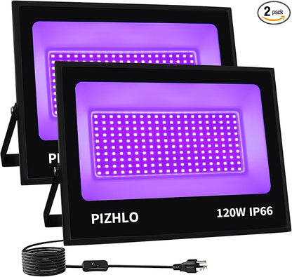 2 Pack 120W LED Black Light, Blacklight Flood Light with Plug & Switch, IP66 Waterproof Outdoor Black Light Spotlight for Dance Party Fluorescent Poster Body Paint Neon Glow in The Dark Stage Lighting