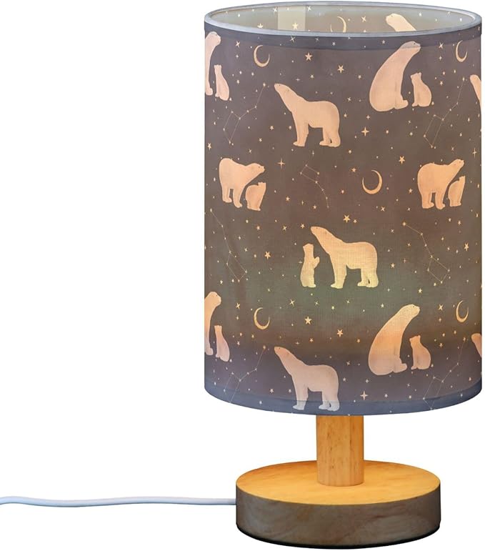 Polar Bear Constellation Star Crescent Pattern Table Lamp with Wood Base Fabric Lamp Shade Bedside Nightstand Desk Lamp for Living Room Bedroom Kids Room Office