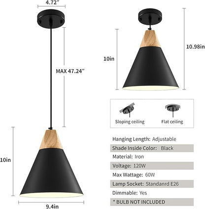 Black Pendant Light 2 Packs,9.4inches- Farmhouse Pendant Light, Modern Pendant Lights, Kitchen Pendant Lights for Office, Bedroom, Living Room, Kitchen Island