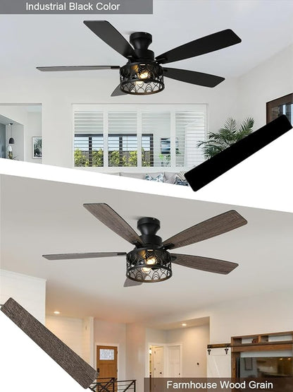 52 Inch Farmhouse Ceiling Fan with Lights Remote Modern Caged Chandelier Fan Rustic Fandelier, 5 Dual Blades, Reversible Quiet DC Motor 6 Speeds for Bedroom Patio (Metal Cage)