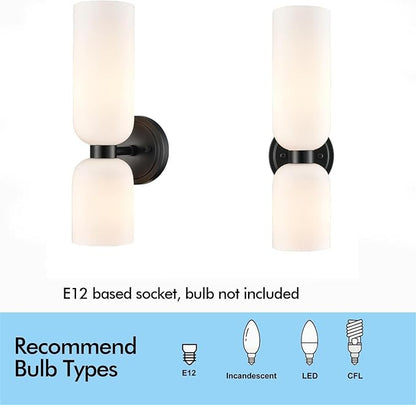 DEYNITE Black Wall Sconces Set of 2 Modern Farmhouse 2-Light Wall Light Bathroom Vanity Light,Milky White Glass Light for Bedroom, Living Room, Kitchen