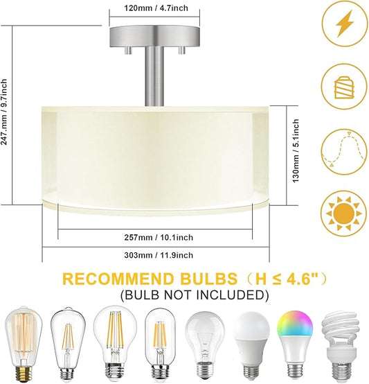 FOLKSMATE Semi Flush Mount Ceiling Light Fixture, Gold 3-Light Drum Light with Double Fabric Shade, Modern Close to Ceiling Lamps for Living Room, Bedroom, Dining Room, Kitchen, Hallway, Entry, Foyer