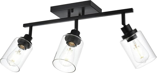 3-Light Track Lighting Kit Black Track Lighting Fixtures Bathroom Wall Sconces Ceiling Mount Kitchen Tracking Lights, Rotatable Spotlight with Clear Glass Shade for Kitchen Shop Hallway