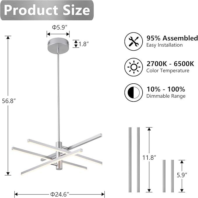 Modern Silver Chandelier Light Fixtures: LED 4-Light Sputnik Dining Room Chandeliers Silvery Linear Pendant Lights Fixture Over Table Dimmable with Remote for Kitchen Island Living Room