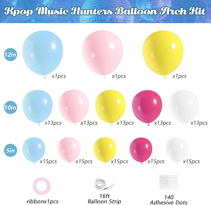 JOGAMS 175Pcs Colorful K-Pop Balloon Arch Kit, Hot Pink Blue Yellow White Pink Balloons with Disco Ball Music Note Iridescent Star Foil Balloons for Kpop Music Disco Theme Birthday Prom Concert Party