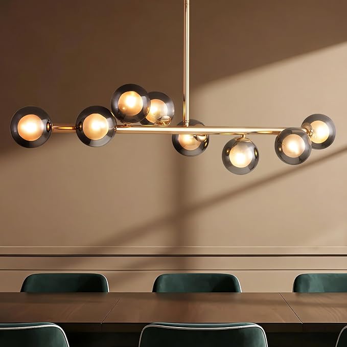 Mid Century Chandelier, Gold Sputnik Pendant Light with Smoky Gray Glass Lampshade,8 Lights Globe Rectangle Linear Chandeliers for Dining Room Kitchen L41INxW10IN