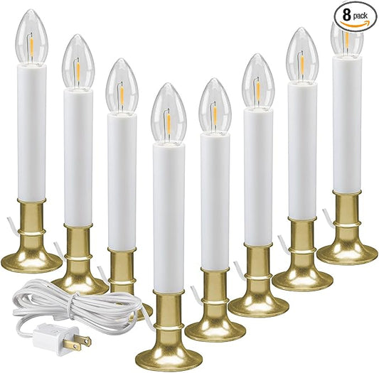 Xodus Innovations AC1120B-8 Electric Plug-in 8.25 inch Flameless Window Candle with Dusk to Dawn Light Sensor Timer, White Candle with Brass Base Pack of 8