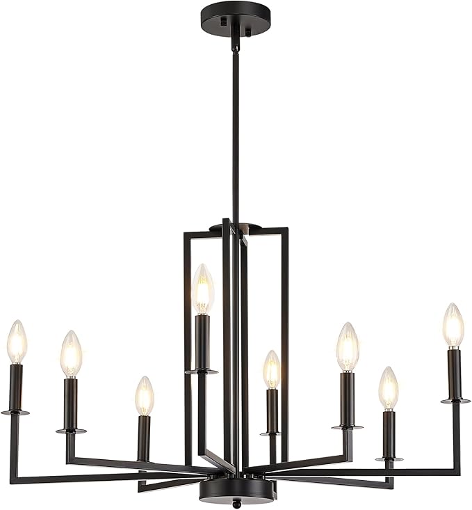 Modern Black Chandelier, Farmhouse Candle Dining Room Chandeliers, Metal Hanging Pendant Light Fixture for Kitchen, Foyer, Bedroom, Living Room, Staircase, Entryway, 8-Light