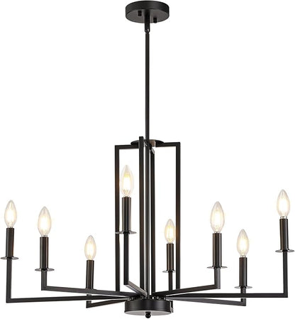 Modern Black Chandelier, Farmhouse Candle Dining Room Chandeliers, Metal Hanging Pendant Light Fixture for Kitchen, Foyer, Bedroom, Living Room, Staircase, Entryway, 8-Light