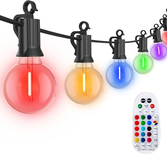 Brightown Outdoor String Lights 58 Feet G40 LED Patio Lights, 27 Plastic Edison Bulbs(2 Spare), Remote, Timer, Waterproof Connectable Hanging Light for Backyard Porch Balcony Party Decor, Multicolor