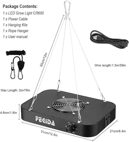 FECiDA 1200W Equivalent LED Grow Light, 130 Watt Power Draw Full Spectrum Grow Lights for Seed Starting, Seedlings, Veg, Bloom, 0–100% Dimmable, Daisy Chain, Quiet Cooling Fan