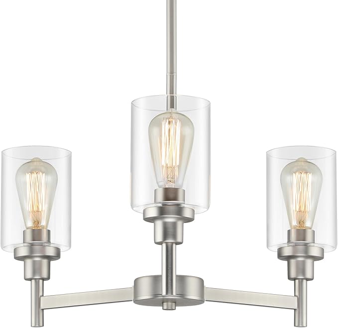 LIGHTDAMY 3 Lights Brushed Nickel Chandeliers for Dining Room Light Fixture Over Table, Entryway Chandelier for Foyer, Hallway Lighting Fixtures with Glass Shade for Kitchen Island Foyer Hallway