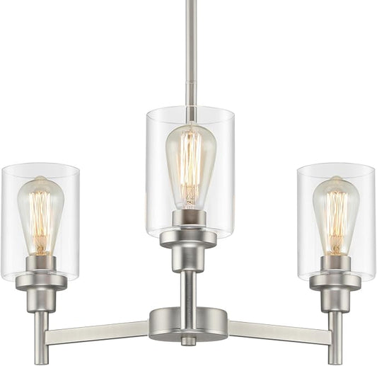 LIGHTDAMY 3 Lights Brushed Nickel Chandeliers for Dining Room Light Fixture Over Table, Entryway Chandelier for Foyer, Hallway Lighting Fixtures with Glass Shade for Kitchen Island Foyer Hallway