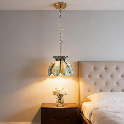 Brass Glass Ceiling Pendant Light, Hanging Chain Lamp, with Vintage Lotus Flower Blue Green Glass Shade for Kitchen Island Dining Room Bedroom Living Room - 7.9" Shade
