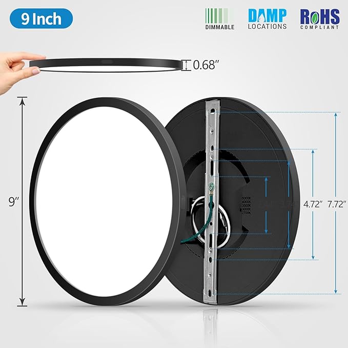 mw LED Flush Mount Ceiling Lights, 9 Inch Round Black Ceiling Light, 20W 120V 5CCT 2700/3000/3500/4000/5000K, Dimmable Slim Flush Mount Light, Close to Ceiling Light Fixtures for Bedroom, Hallway