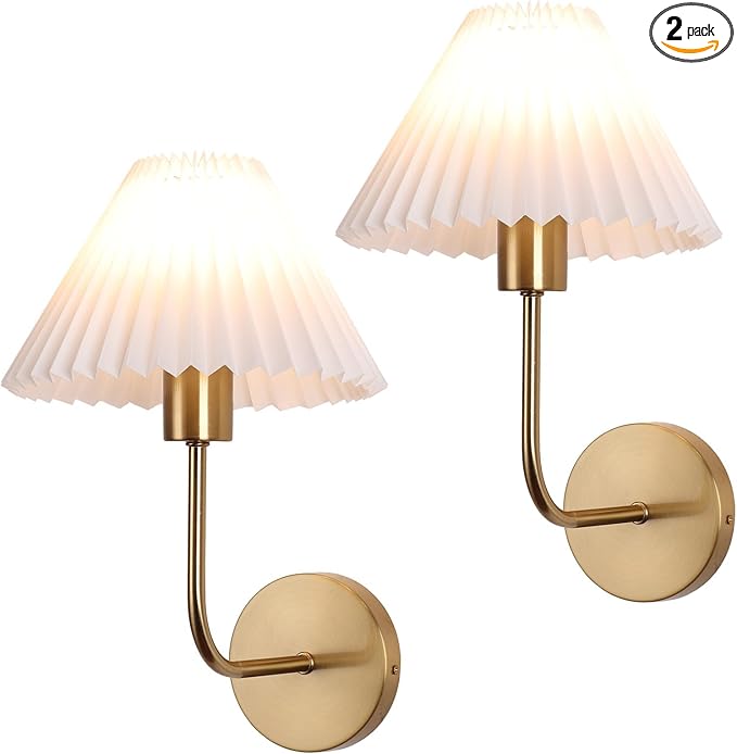 Wall Sconces Sets of 2, White Pleated Fabric lampshade, Brushed Gold Wall Lamp Curved Wall Lighting Bathroom Dresser Hardwired sconces wall decor Fixture Applicable to Living Room Bedroom Dining Room