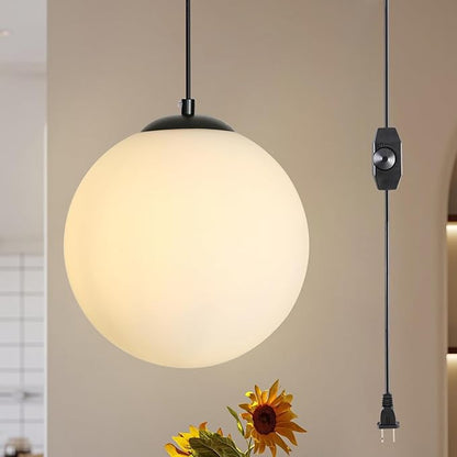 Plug in Globe Pendant Light, 10" Mid Century Modern Hanging Lamp with Switch, Black Globe Chandelier with Milk Glass for Bedroom Bedside, Couch Side, Coffee Corner, Entryway and Small Bar