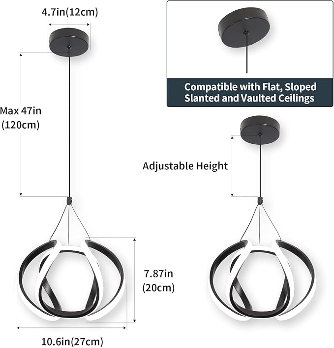 CANEOE Modern Led Pendant Light Fixtures, 5500K Black Pendant Lighting for Kitchen Island, Adjustable Height Hanging Light Fixtures for Dining Room Bedroom Living Room Foyer, 1 Pack