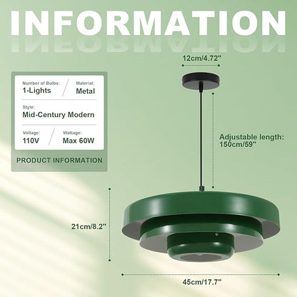 Vintage Industrial Green Pendant Light, 17.7" Large Adjustable 59" Cord Hanging Ceiling Light Fixture Mid Century Modern Chandelier for Garage Workshop