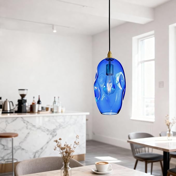Blue Pendant Light Fixtures Adjustable 12.5'' Height Modern Kitchen Island Lighting Glass Organic Ceiling Hanging Light Fixtures for Bar, Counter, Patio, Over Sink, Dining Room,Table - Blue