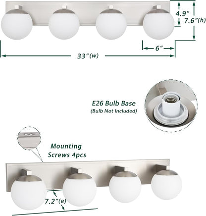 Bathroom Vanity Light Fixtures, 4-Light Globe Bathroom Lighting Fixtures Over Mirror, Modern Wall Lights for Living Room, Long Backplate, Standard E26 Base, Brushed Nickel