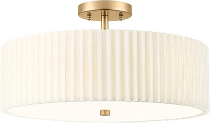 Gold Semi Flush Mount Ceiling Lights, 4-Light 18" Ceiling Light Fixture with White Pleated Fabric Shade, Drum Lamp for Nursery Hallway Bedroom Kitchen, AD-25036-4SF-GD