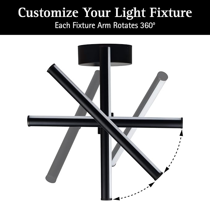 Ultralux Free Form LED Ceiling Light Fixture - Dimmable & Customizable, Semi-Flush Mount with Adjustable Light Bars - Easy-Install, Energy Efficient LED - 16" Matte Black