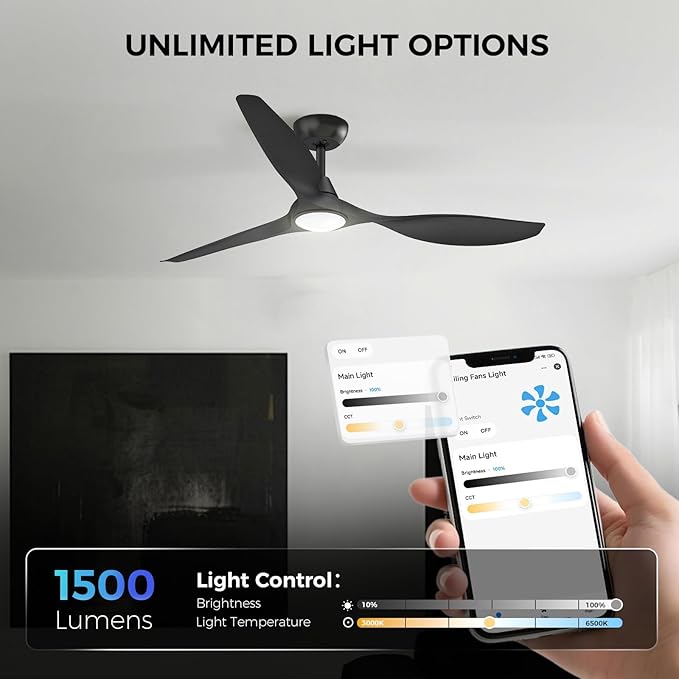 Roomratv Ceiling Fans with Lights and Remote Control,Quiet Noiseless Reversible DC Motor,6 Speeds,Timers, 3 CCT, Indoor Use, Plastic Blades,52 Inch Black Ceiling Fan Smart APP Control for Living Room