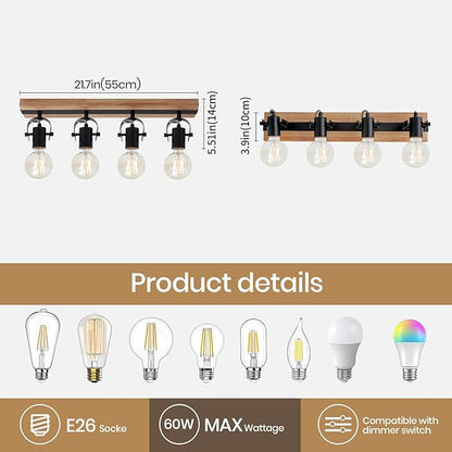 SEEBLE 4-Light Rectangular Flush Mount Ceiling Light, Linear Wood Track Lighting with Adjustable Spotlights, Farmhouse Kitchen Ceiling Light for Dining Room Hallway Bathroom