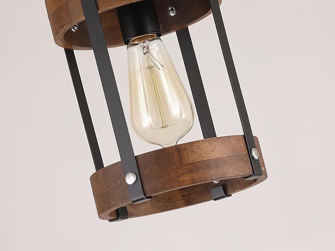 Rustic Farmhouse Wood Pendant Light Fixture One-Light Adjustable Rods Oak Wood and Metal Lantern Drum Small Pendant Lighting for Kitchen Island Sink Hallway Bathroom Bar Farmhouse, Black