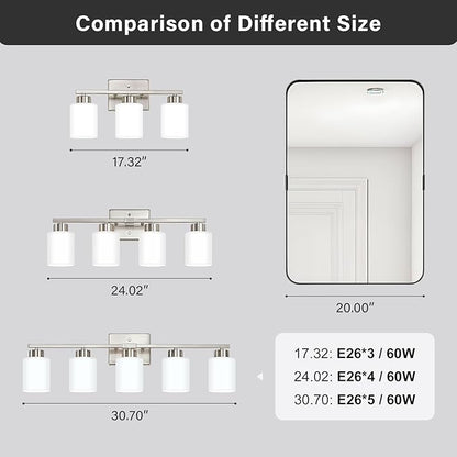 FonmYim Brushed Nickel Bathroom Light Fixtures, 3-Light Modern Vanity Light Over Mirror, Wall Sconces with Milky White Frosted Glass Shades, E26 Socket (Bulbs Not Included)