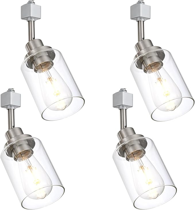 4 Pack H Track Lighting Replacement Heads Brushed Nickel Ceiling Track Lighting Fixtures with Clear Glass Shades, H Type Track Light Heads E26 Base Spotlight for Retail Shop Kitchen Island
