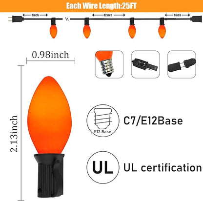 C7 Halloween Lights, 25FT Halloween C7 String Lights with 27 Orange Bulbs, Hanging Halloween Decoration Lights for Outdoor Indoor Patio Home Party Garden Yard-Black Wire