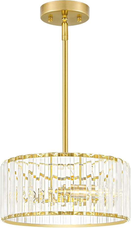 Gold Crystal Chandelier for Dining Room, 3-Light Modern Semi Flush Mount Ceiling Pendant Light Fixture, Round Pendant Lights Kitchen Island, Chandelier for Living Room Bedroom Hallway Entryway, E12
