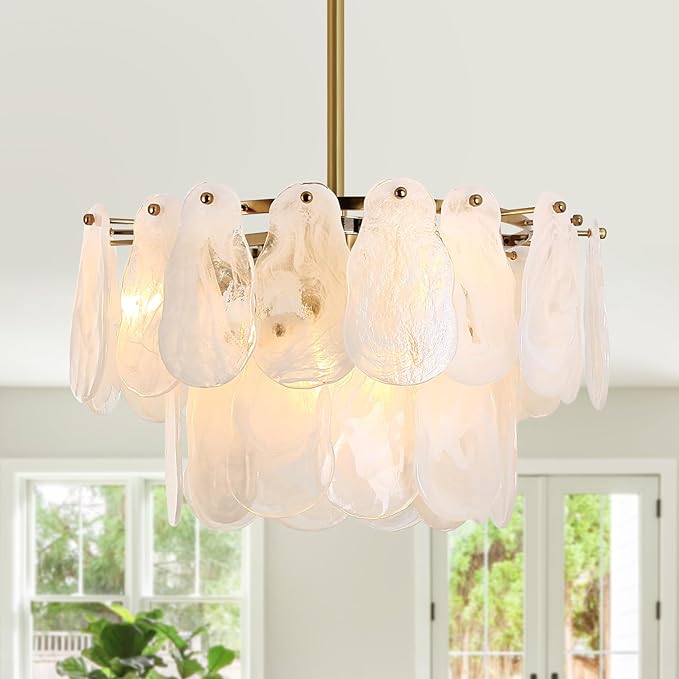 KELUOLY Modern Gold Chandeliers, 17.7" Luxury Cloud Glass Light Fixture, 2-Layer Round Ceiling Hanging Light Fixture for Bedroom Dining Room Kitchen Island Living Room Entryway Bar Farmhouse 6-Light