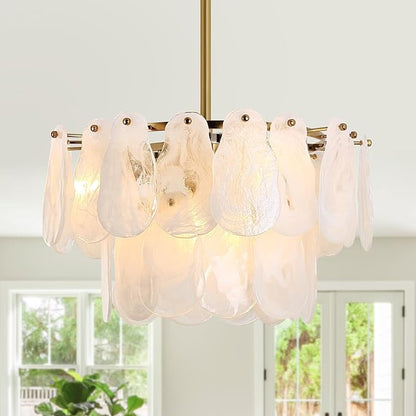 KELUOLY Modern Gold Chandeliers, 17.7" Luxury Cloud Glass Light Fixture, 2-Layer Round Ceiling Hanging Light Fixture for Bedroom Dining Room Kitchen Island Living Room Entryway Bar Farmhouse 6-Light