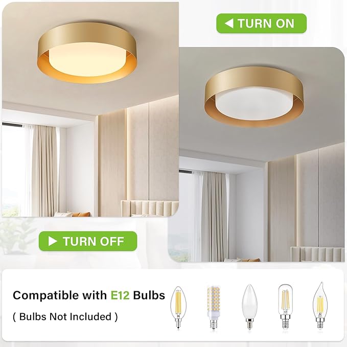Yiisem Modern Glass Gold Flush Mount Ceiling Lights, 16.5" Minimalist Round Ceiling Lighting, Drum Close to Ceiling Light Fixtures for Living Room, Bedroom, Dining Room, Kitchen, Hallways